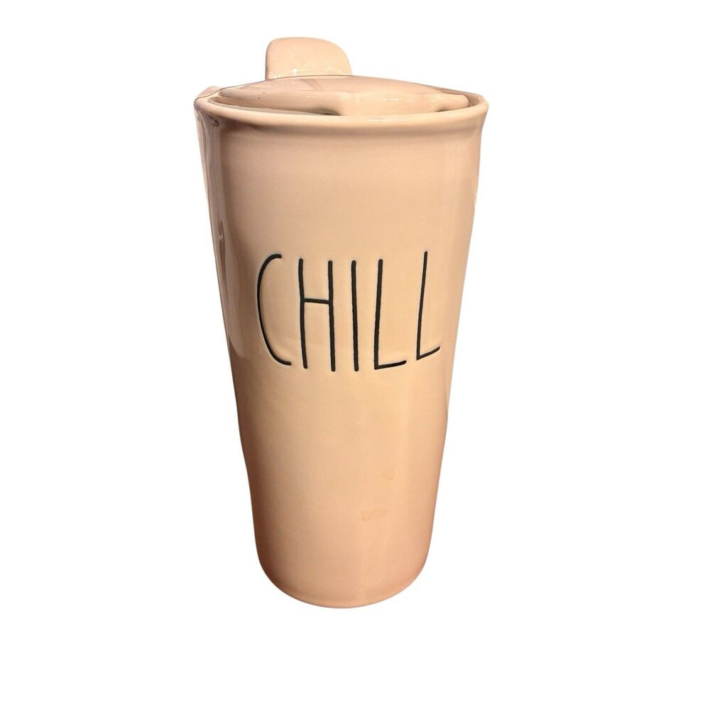 Rae Dunn Artisan Collection Ceramic travel Tumbler W/ “CHILL” Has A Lid. 7” NEW